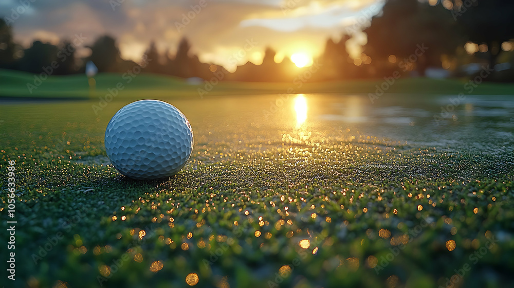 Golf Ball on Green Grass with Sunset Bokeh - Realistic Photo Golf Ball on Green Grass with Sunset Bokeh - Realistic Photo