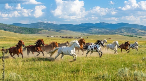 Majestic American Paint Horse galloping with dynamic herd across pristine countryside captured in stunning 8K detail showcasing natural equine grace and freedom in motion