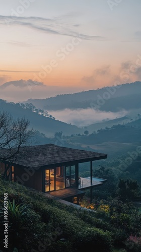 Tranquil luxury villa surrounded by foggy mountain valley at dawn, exclusive modern accommodation harmoniously integrated with rural scenery, peaceful getaway destination in nature