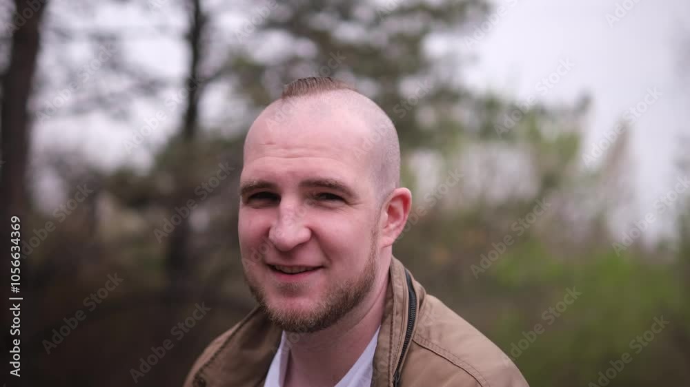 Sad man wearing a cool haircut. Portrait of a guy with a beard and a mohawk in the park. Caucasian male says something sad looking at camera Sad man wearing a cool haircut. Portrait of a guy with a beard and a mohawk in the park. Caucasian male says something sad looking at camera