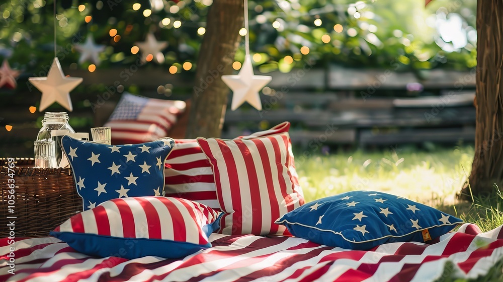 Casual indoor Memorial Day picnic with patriotic blankets and cushions. Casual indoor Memorial Day picnic with patriotic blankets and cushions.