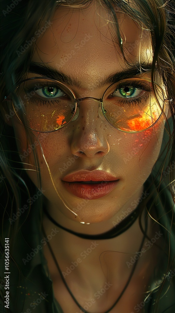 Intriguing Portrait of a Woman with Fire Reflected in Her Glasses