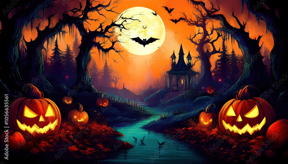 A spooky Halloween background with pumpkins, glowing faces, and scattered autumn leaves, set against a dark, mysterious night sky. A spooky Halloween background with pumpkins, glowing faces, and scattered autumn leaves, set against a dark, mysterious night sky.