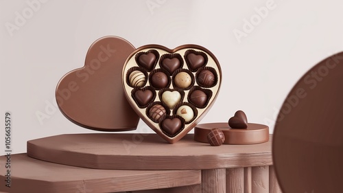 A heart-shaped box of chocolates on a wooden table