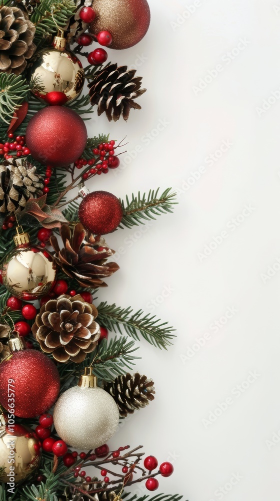 A festive Christmas border featuring pine cones, red and gold ornaments, and greenery on a white background. Perfect for holiday-themed designs and decorations. A festive Christmas border featuring pine cones, red and gold ornaments, and greenery on a white background. Perfect for holiday-themed designs and decorations.