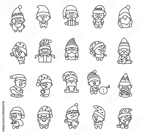 Cute kawaii outline Christmas gnome characters with gifts coffee snowball cookies stockings sled toys