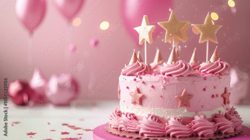 Pink birthday cake with star cake topper and candles on white ...