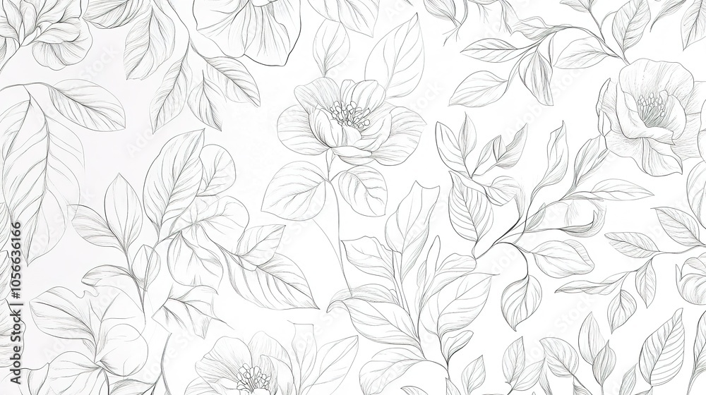 A minimalistic pattern featuring various botanical elements such as leaves, flowers, and vines, all intricately drawn with fine, delicate line work. This design showcases a monochrome A minimalistic pattern featuring various botanical elements such as leaves, flowers, and vines, all intricately drawn with fine, delicate line work. This design showcases a monochrome