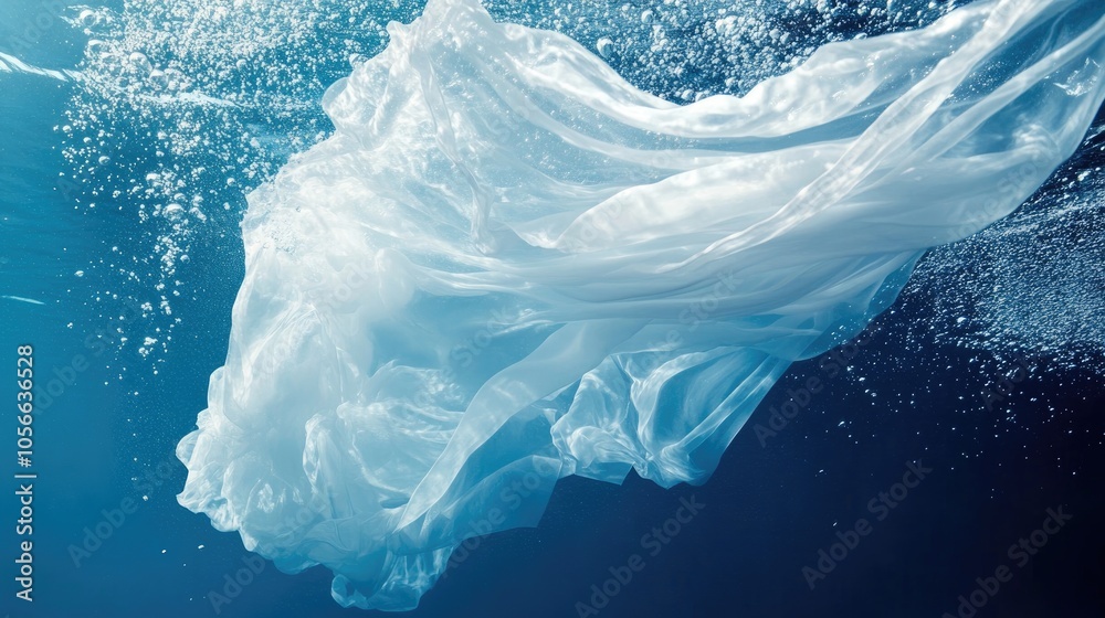 Fototapeta premium White dress submerged in blue ocean featuring an advertisement style with floating fabric bubbles and water splashes ideal for a banner design with ample copy space