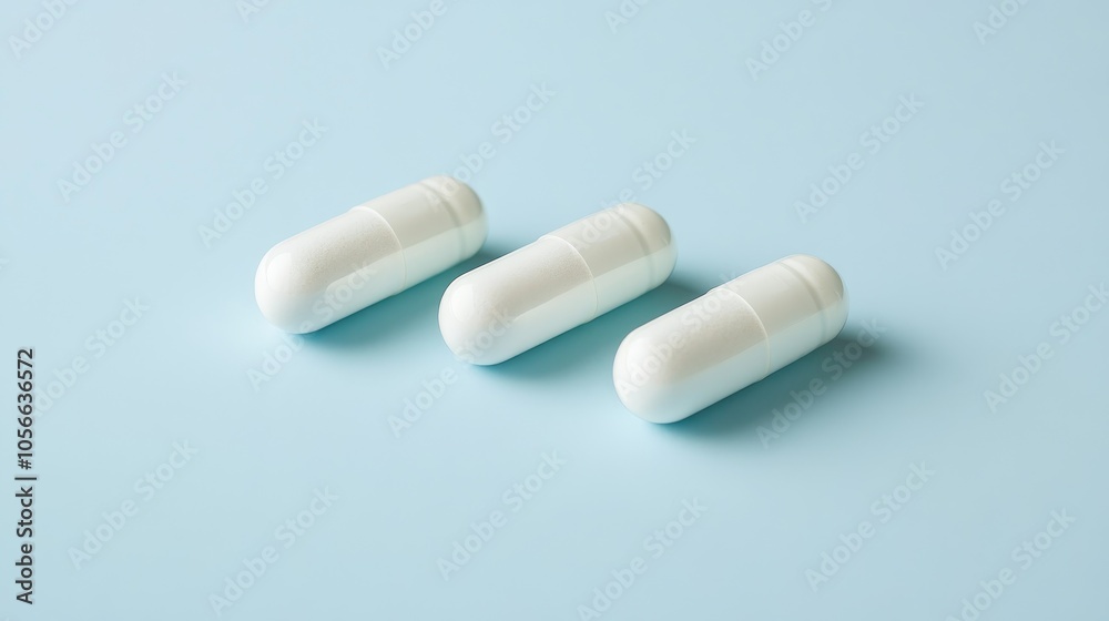 Three white magnesium capsules placed on a gentle blue backdrop Three white magnesium capsules placed on a gentle blue backdrop