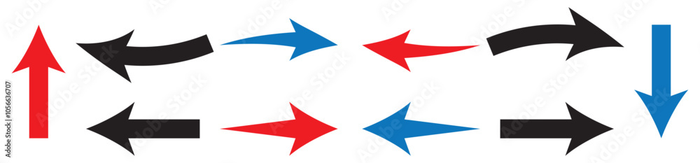 Direction arrow vector icon isolated on transparent. Curved arrows right, left, up, and down signs. Direction arrow vector icon isolated on transparent. Curved arrows right, left, up, and down signs.
