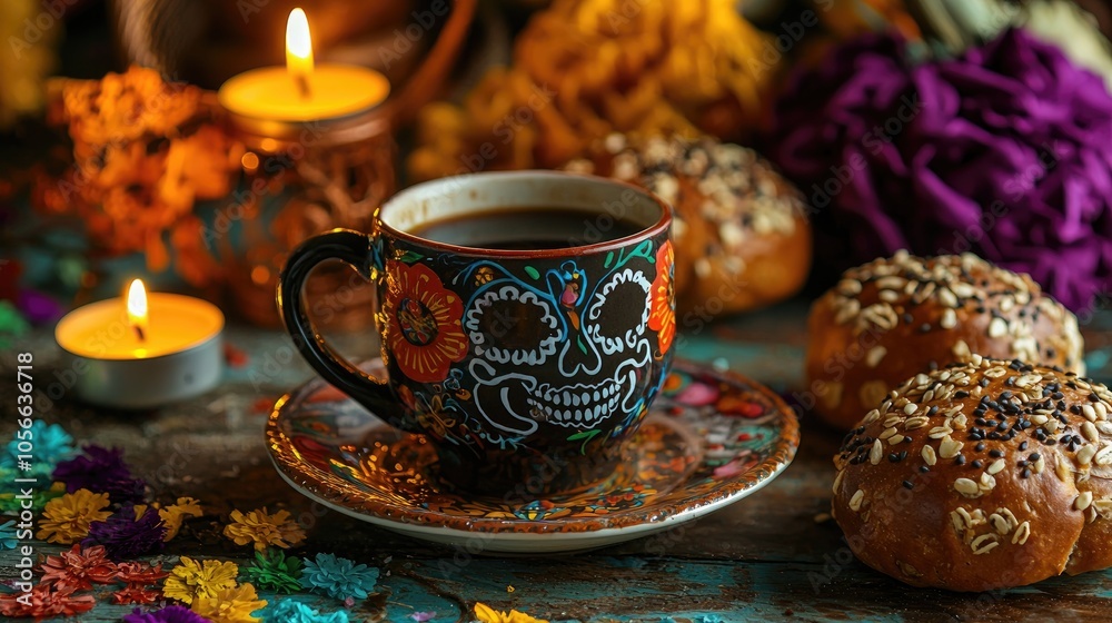 Fototapeta premium Hot Coffee In An Artisan Cup With Fluffy And Delicious Bread Of The Dead With Sesame In Offering Of The Day Of The Dead With Decoration Of Cempasuchil And Colored Cut Out Paper And Candles
