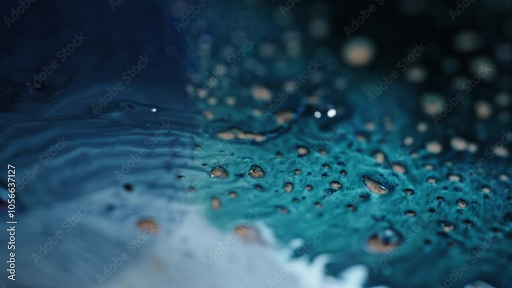 Blue and white liquids swirling and mixing together in a close-up macro shot with floating droplets Blue and white liquids swirling and mixing together in a close-up macro shot with floating droplets