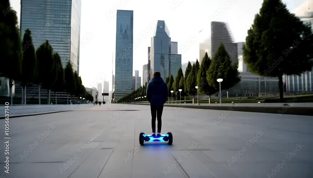 A sleek hoverboard gliding along a completely empty city sidewalk in the early morning, with towering glass buildings on either side.
