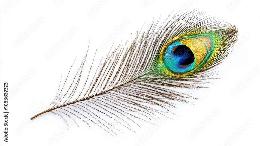Fototapeta premium Colorful Peacock Feather Displaying Stunning Hues Against a Clean White Background Representing Natural Beauty