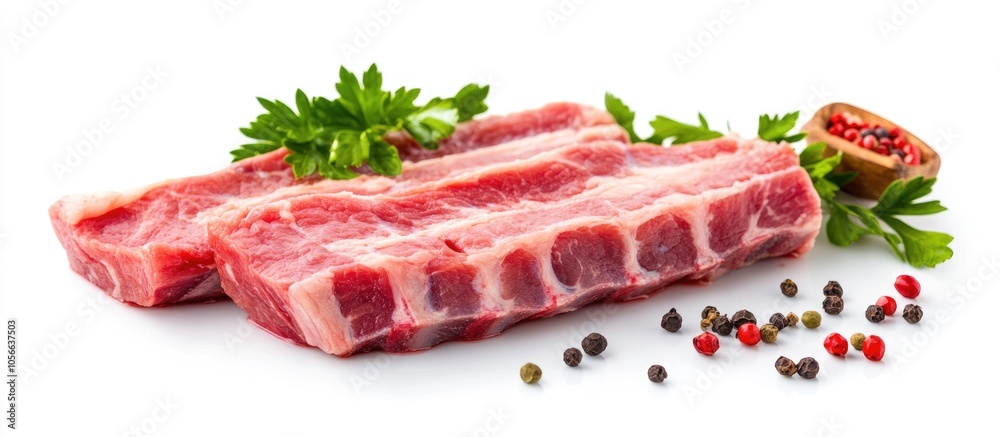 Sliced Raw Pork Steak With Pepper And Parsley Isolated On White Sliced Raw Pork Steak With Pepper And Parsley Isolated On White