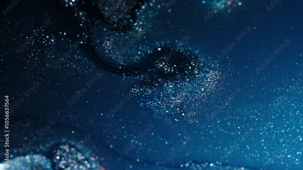 Shimmering particles swirl in dark blue liquid in a cosmic, mesmerizing macro shot Shimmering particles swirl in dark blue liquid in a cosmic, mesmerizing macro shot