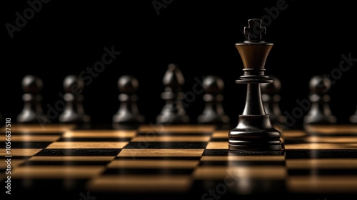 A king in a chess battle on a chessboard set against a black background representing a business leader s strategic skill in dominating the market photo