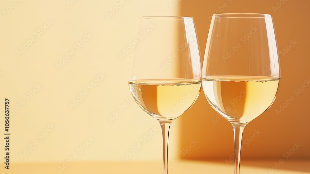 Two wine glasses filled with white wine on a soft orange backdrop Ideal for summer gatherings wine tastings or romantic dinners Plenty of space for text