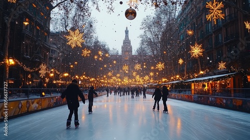 People skating on ice rink during christmas in barcelona, spain