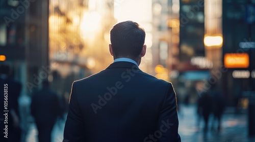 Businessman walking through an urban area viewed from behind