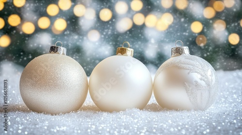 Elegant Snowy Christmas Ornaments on Soft Background