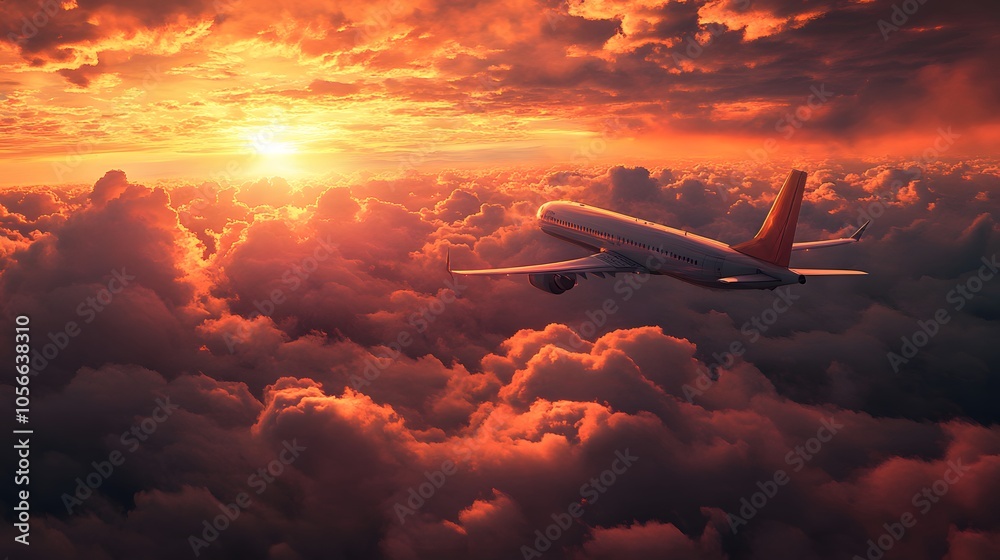 Commercial airplane flying above dramatic clouds during sunset. Commercial airplane flying above dramatic clouds during sunset.