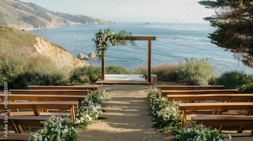 An outdoor wedding ceremony decor with wooden benches and an ocean view in Big Sur, California. The scene includes flowers used for decorations around the seats