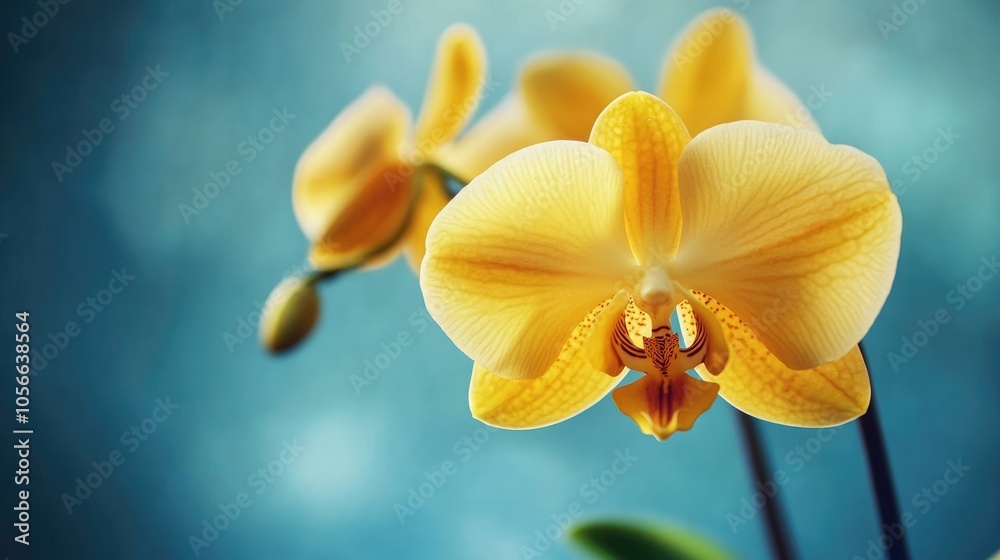 Close up of a yellow orchid flower against a blue background Beautiful Phalaenopsis orchid blooms A botanical theme featuring spacious design Close up of a yellow orchid flower against a blue background Beautiful Phalaenopsis orchid blooms A botanical theme featuring spacious design