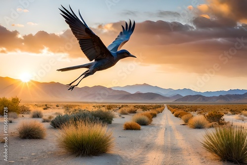 A bird is flying in the desert