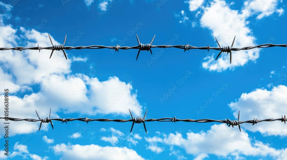 Barbed wire fence against a vast blue sky symbolizing themes of freedom liberty or confinement Barbed wire fence against a vast blue sky symbolizing themes of freedom liberty or confinement