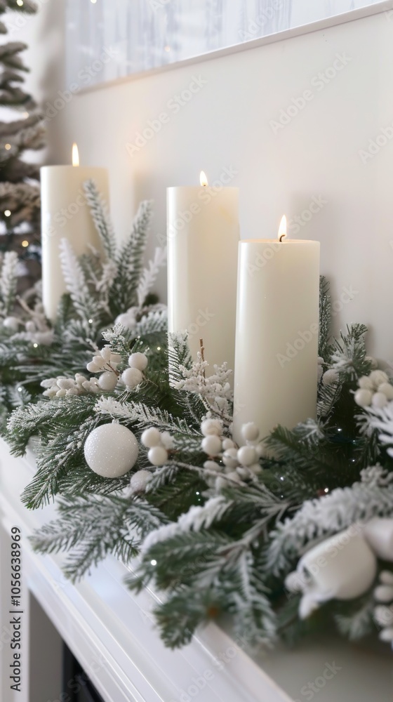Clean Christmas mantel decoration with a few white candles and a simple garland. Clean Christmas mantel decoration with a few white candles and a simple garland.
