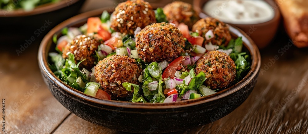 Falafel Or Falafil With Salad And Dip Served In Dish Isolated On Table Side View Of Middle East Food Falafel Or Falafil With Salad And Dip Served In Dish Isolated On Table Side View Of Middle East Food