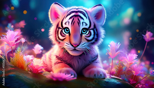 A miniature baby tiger blooming in an ethereal biome, where both flora and fauna glow with bioluminescence.