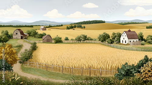 Handdrawn vintage vector engraving depicting a rural landscape featuring fields of wheat an old barn a house trees plants fences and other countryside elements in a panoramic view photo