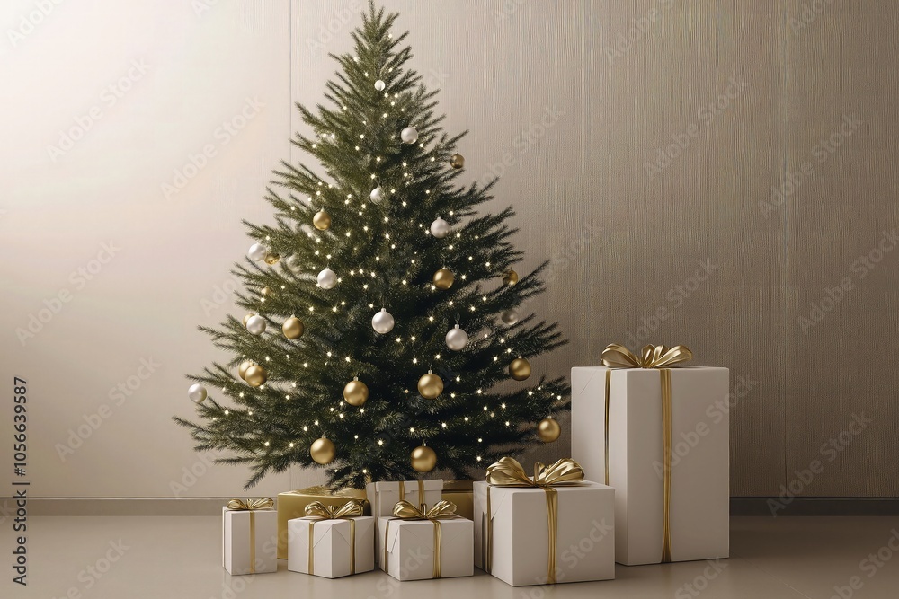A 3D-rendered Christmas tree in a minimalist modern room. The tree is decorated with golden ornaments and white lights A 3D-rendered Christmas tree in a minimalist modern room. The tree is decorated with golden ornaments and white lights