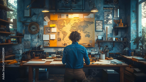 Person Working at a Desk with a World Map Behind Them - 3D Illustration