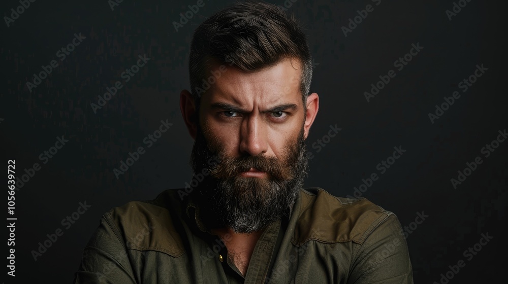 Obraz premium Portrait Of Bearded Serious Handsome Man Looking At Camera Isolated Over Black Background