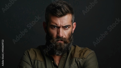 Portrait Of Bearded Serious Handsome Man Looking At Camera Isolated Over Black Background