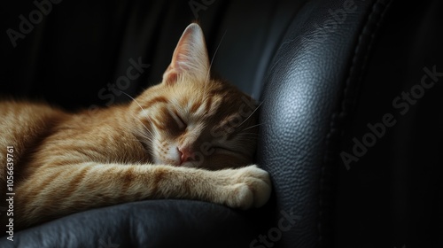 Adorable plump cat peacefully snoozes in a curled position on a dark chair Close up view photo