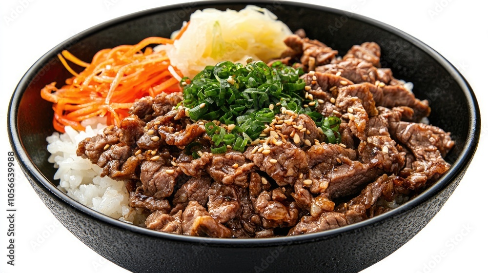 Japanese Fried Beef With Rice Onion Gari Ginger On Black Bowl Isolated On White Background Japanese Fried Beef With Rice Onion Gari Ginger On Black Bowl Isolated On White Background
