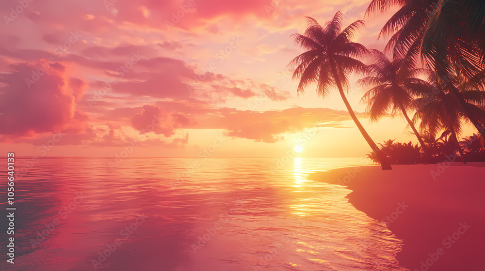 Tropical island sunset with palm trees and pristine beach. generative ai. Tropical Island Shoreline. Illustration