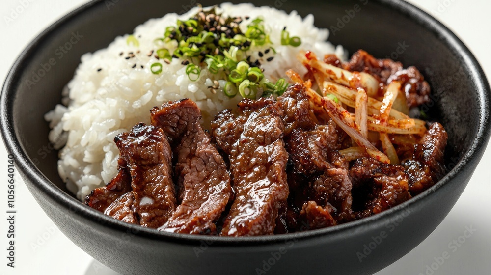 Japanese Fried Beef With Rice Onion Gari Ginger On Black Bowl Isolated On White Background Japanese Fried Beef With Rice Onion Gari Ginger On Black Bowl Isolated On White Background