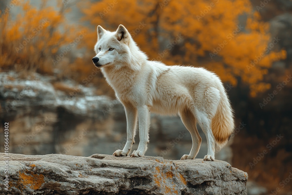 Fototapeta premium White wolf standing on rock with autumn colors in background
