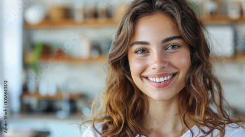 Close-up of a smiling girl's face with curly hair and snow-white teeth on a blurred background