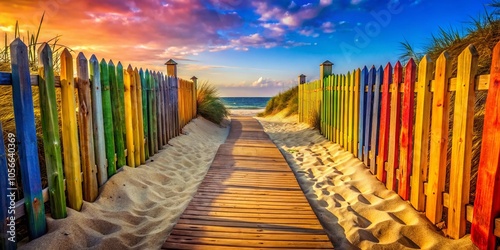 Colorful steps lead through the rustic, sandy fence.