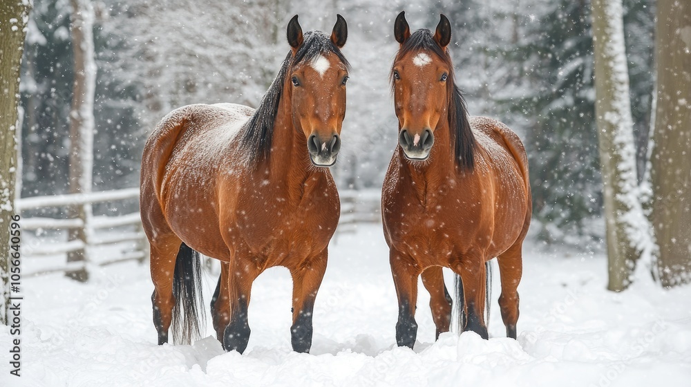Two chestnut horses enjoying winter wonderland in snowy forest road Two chestnut horses enjoying winter wonderland in snowy forest road