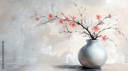 Fototapeta Naklejka Na Ścianę i Meble -  A painting of a white vase with pink flowers on a grey background.