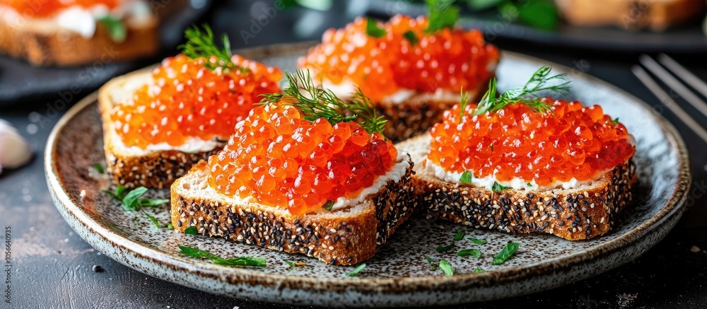 Delicious Open Sandwiches With Red Caviar On Plate Delicious Open Sandwiches With Red Caviar On Plate