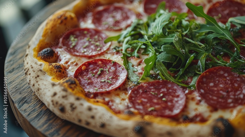Close up of salami pizza on a wooden plate Close up of salami pizza on a wooden plate